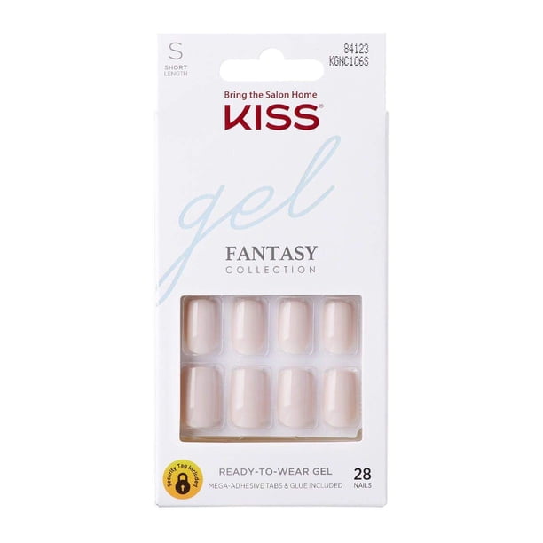 KISS Gel Fantasy Uñas de gel a presión listas para usar Here I Am Kit de uñas blancas cortas con 24 mega pestañas adhesivas Pegamento de gel rosa Mini lima y 28 uñas postizas