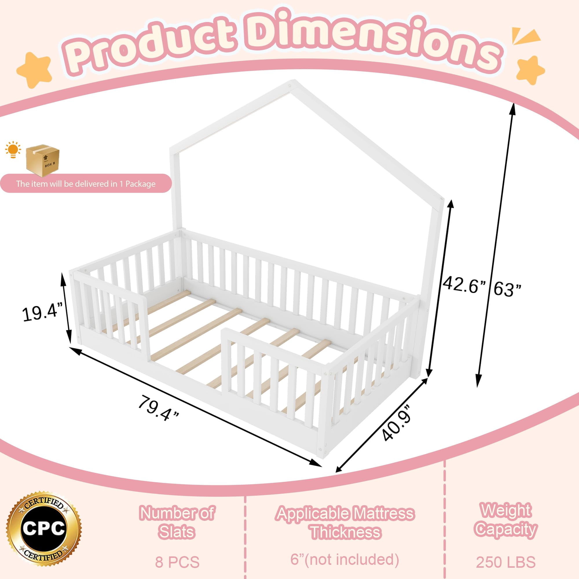 Mirightone Twin Floor Bed with High Rails, Wooden Montessori Bed Frame with Single Color Light and House Shape Design, Low Profile Beds, twin bed frames white