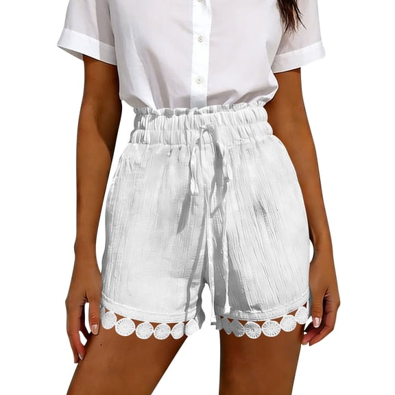 hoksml Women's Elastic Waist Lace Trim Shorts, Casual High Waist Drawstring Shorts with Scalloped Hem