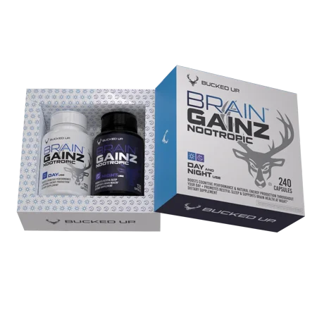 Bucked Up Brain Gainz Nootropic for Focus  Memory & Mental Clarity  Night & Day 120 Capsules each