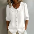 thumbnail image 2 of Womens 3/4 Length Sleeve Cotton Linen Blouses Button Down Peter Pan Collar Breathable Lightweight Tops Soft Wrinkle Resistant Summer Casual Wear , L, #03 White, 2 of 7