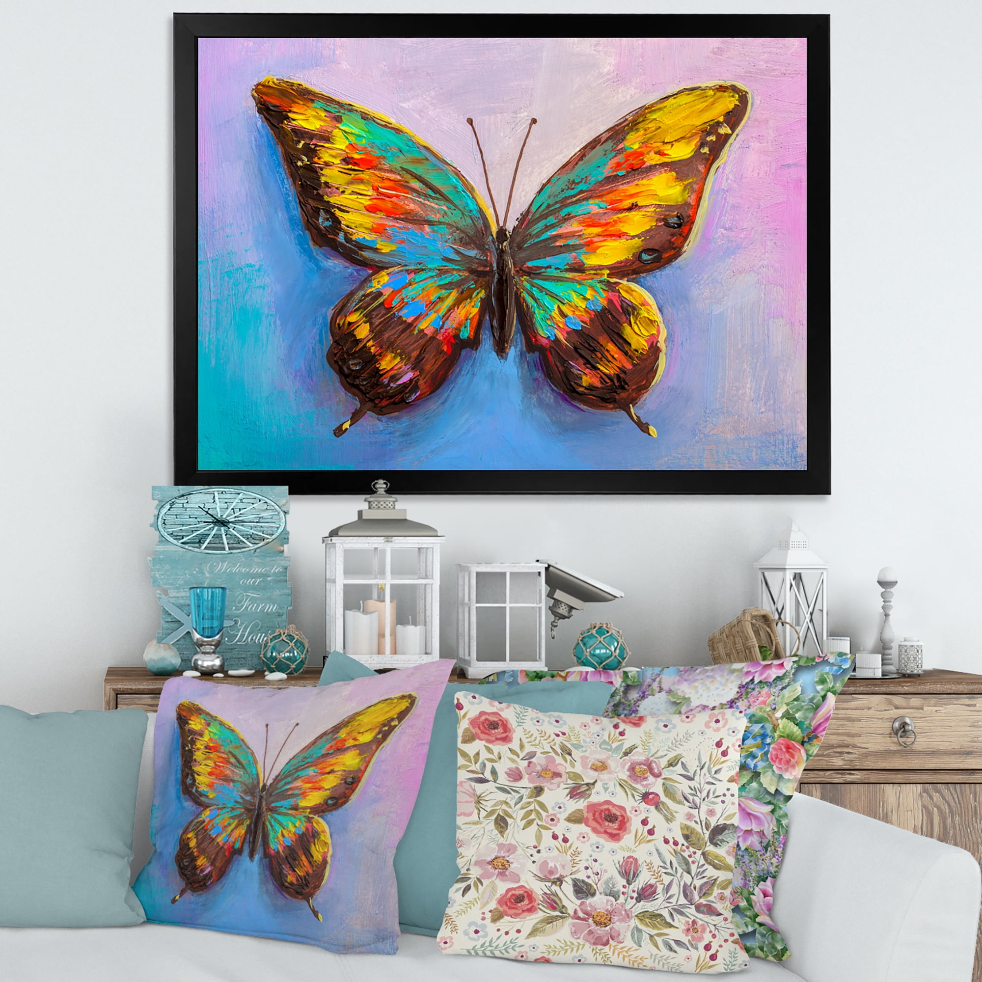 Designart 'Beautiful Butterfly In Orange and Turquoise' Modern Framed Art Print