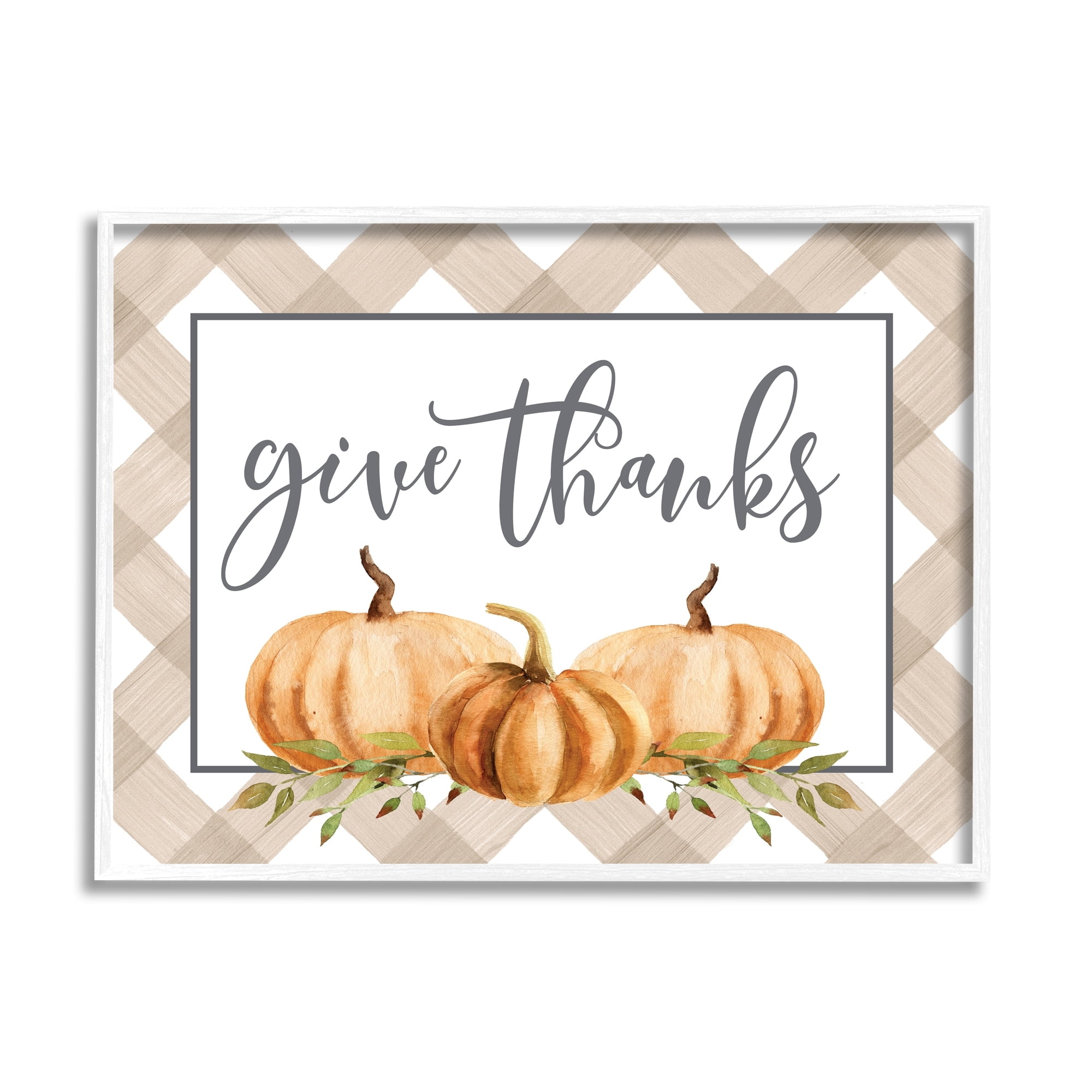 Stupell Industries Give Thanks Calligraphy Autumnal Tartan Pumpkin Border Graphic Art White Framed Art Print Wall Art, Design by Lettered and Lined