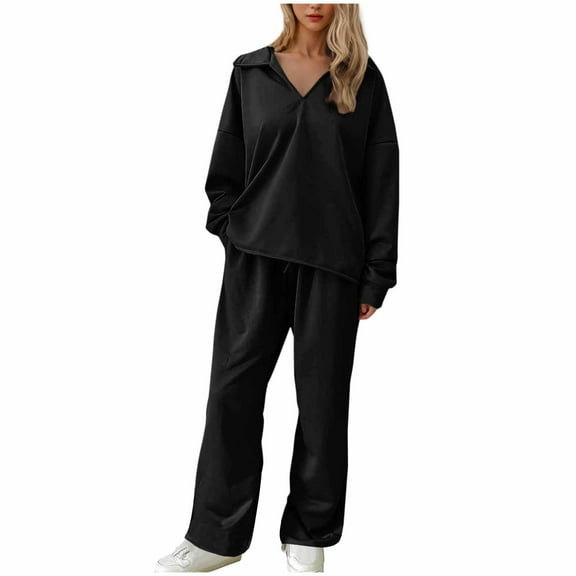 Inleife 2 Piece Womens Sweatsuits Women's Solid Color Turndown V-Neck Long Sleeve Elastic Waist Pockets Long Pants Set