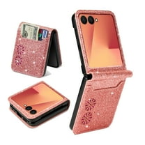 ELEHOLD for Samsung Galaxy Z Flip 7 Stylish Case,Bling Glitter Leather Card Holder Slim Lightweight Purse Case for Samsung Z Flip 7 for Women Girls, Rosegold