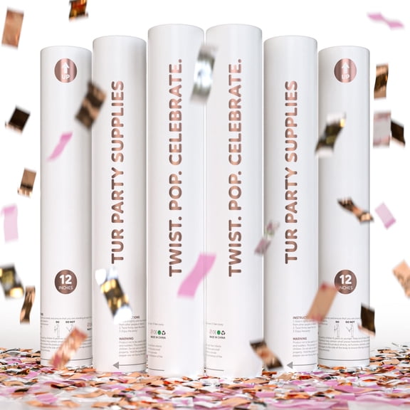 6-Pack Rose Gold Confetti Cannons, 12-Inch Compressed-Air Party Poppers for Weddings, Birthdays, Bachelorette Parties, and Celebrations