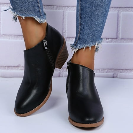 

TIANEK Boots Solid Mid Heel Zipper Slip Round Head Fall Winter Thick Heel Booties Western Boots Women
