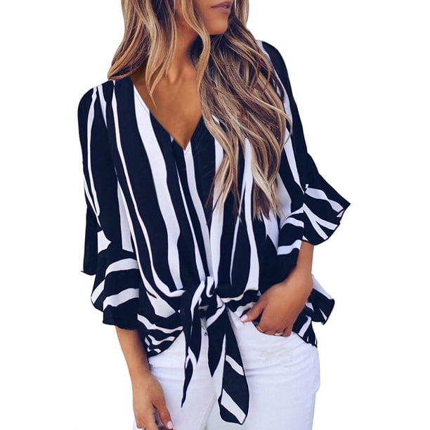 Blusas de verano con cuello en V y estampado floral para mujer 3 4 con manga acampanada y nudo Adepaton WMZY-350-14