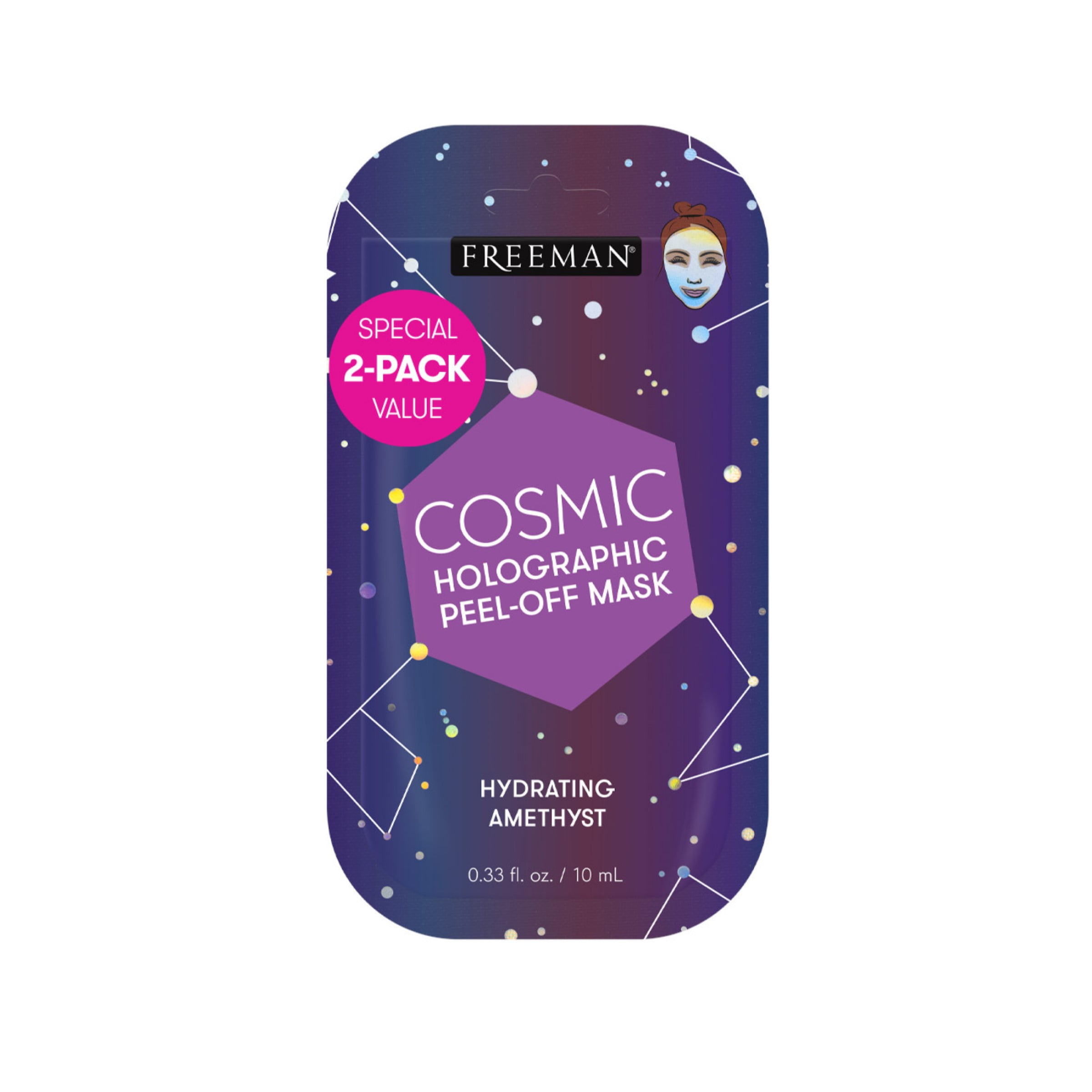 (4 pack) Freeman Cosmic Hydrating Amethyst Peel-off Facial Mask, for Dry Skin,  2 Pack Sachet