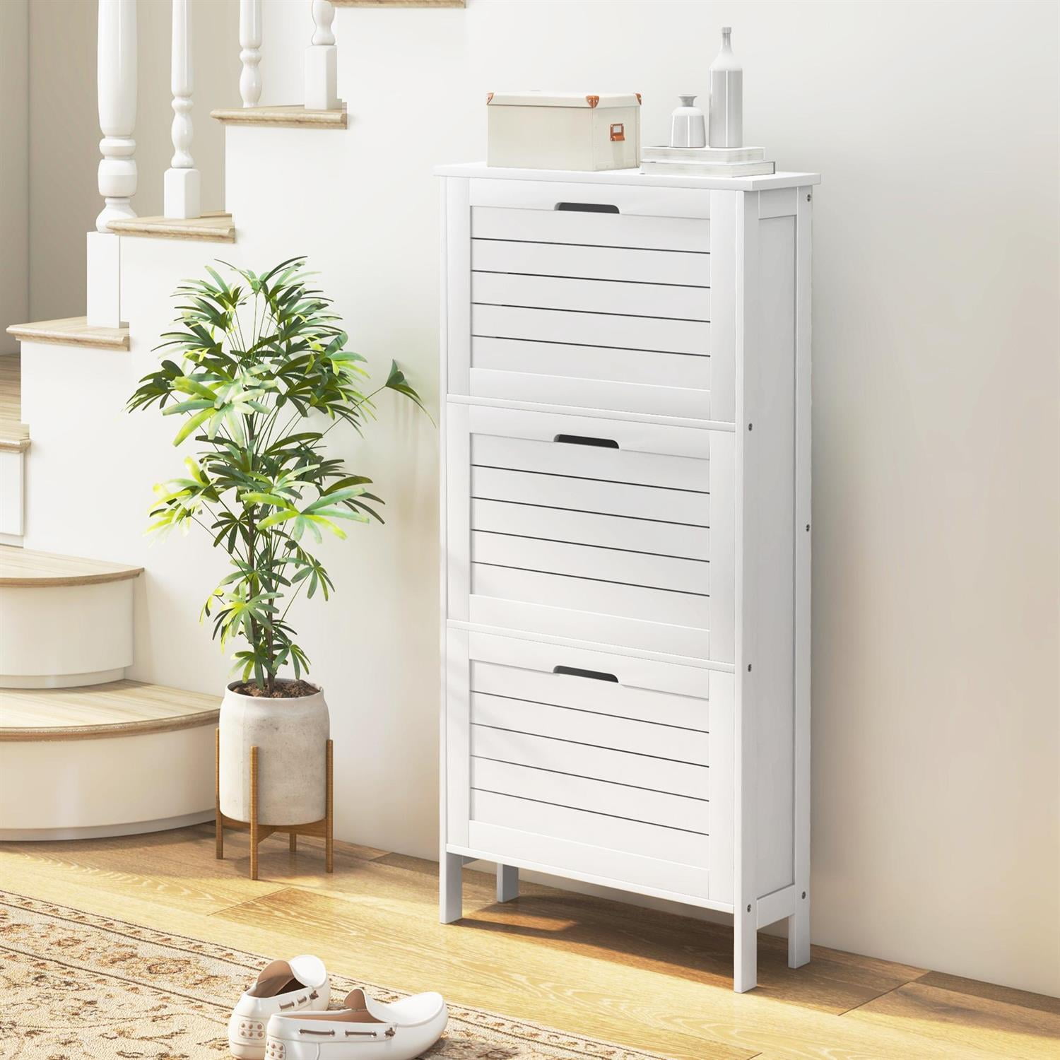 Demi Bonn 42" Shoe Storage Cabinet with Flip Drawers & Louver Doors, Modern Design for Home Use, Storage Solution with 6 Pairs Capacity, White