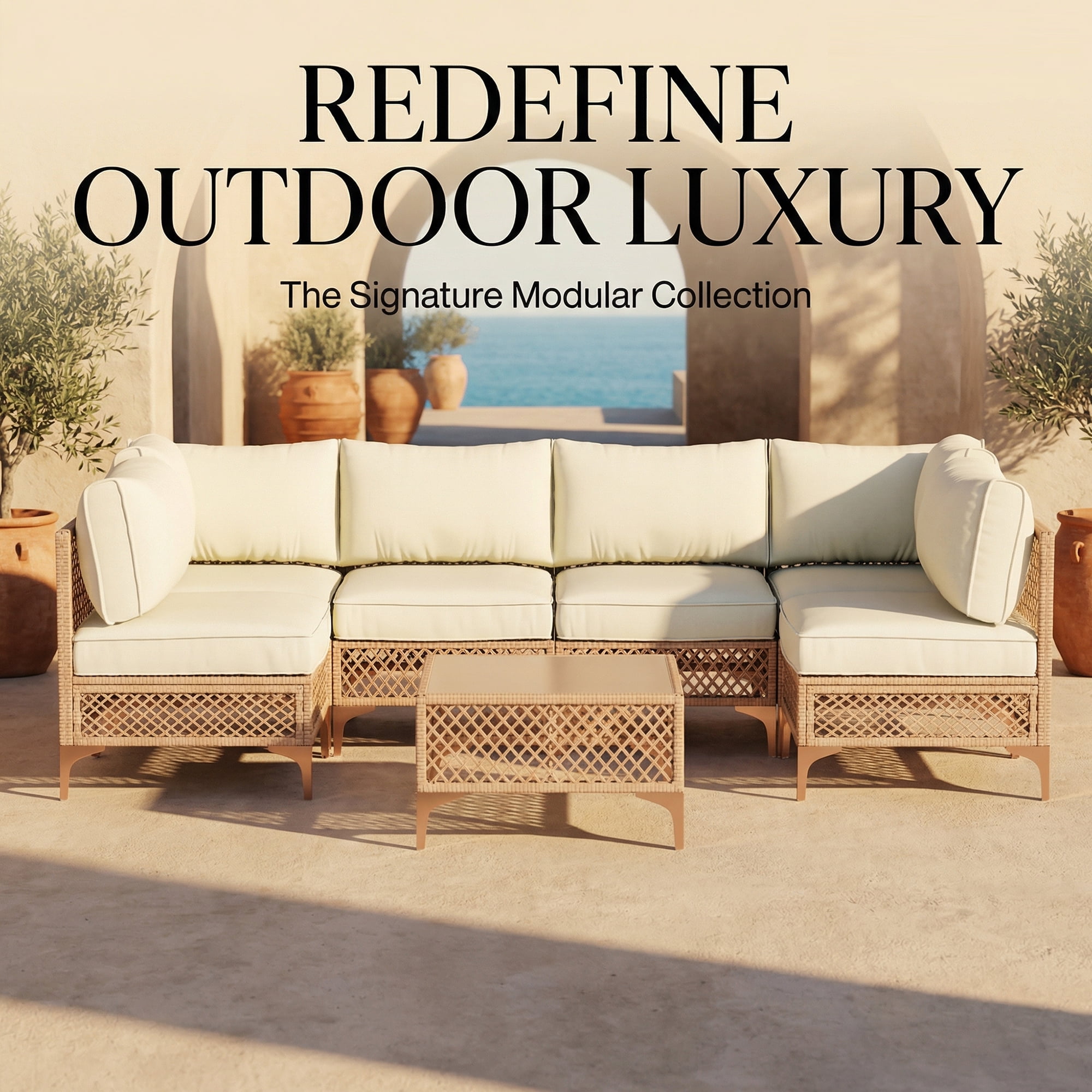 LAZZO 7-Piece Patio Furniture Set, Outdoor Wicker Conversation Set with Thick Cushions & Coffee Table for Backyard and Garden, Beige