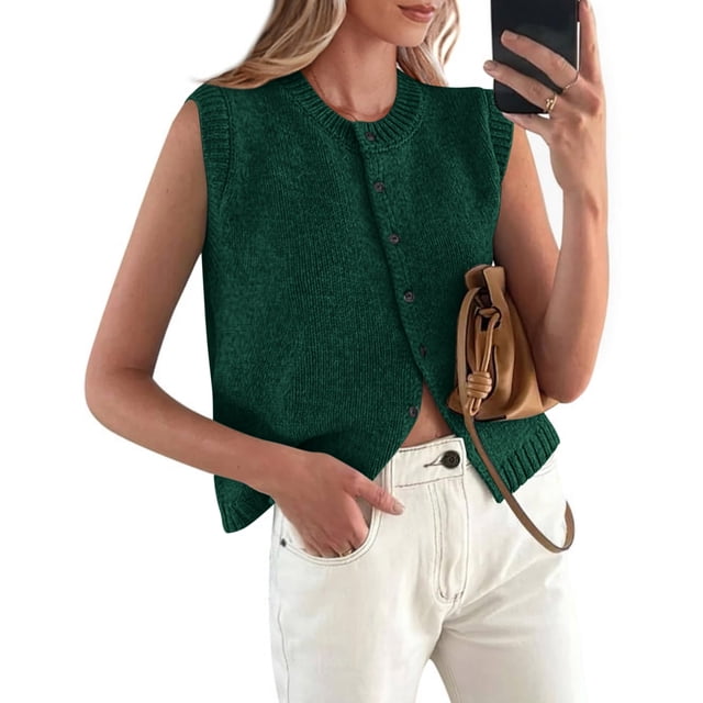Chaleco sin mangas con botones PRETTYGARDEN Verde Oscuro XXL