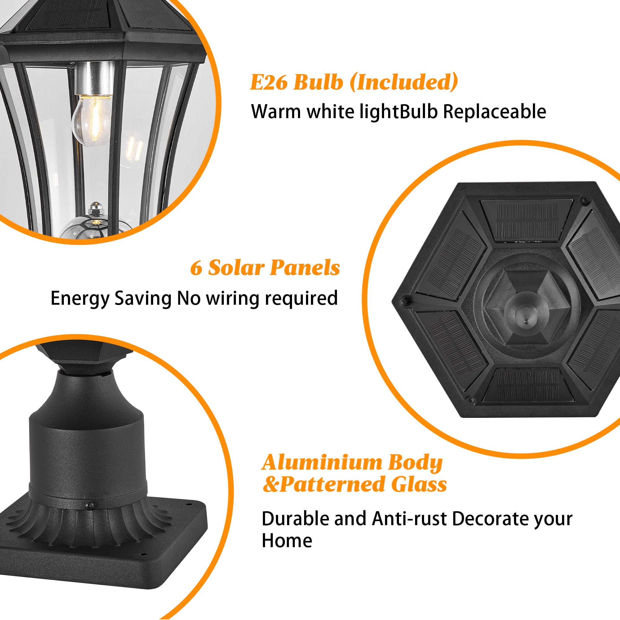 Solar Post Light with Dusk to Dawn Sensor and Pier Mount Base, Black Lantern for Yard, Garden, and Pathway, Black