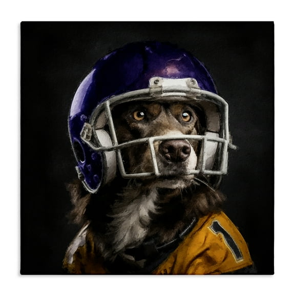 Stupell Industries Dog with Football Helmet Animals Painting Wrapped Canvas Art Print Wall Art, 17 x 17