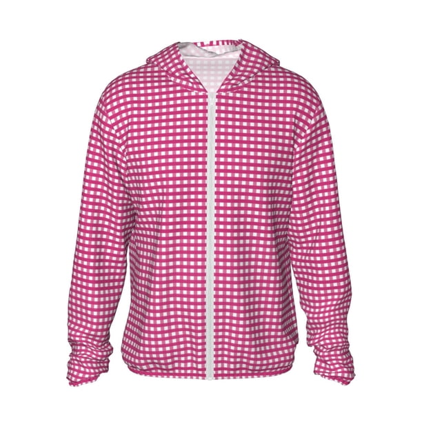 Fotbe Pink Gingham Chaqueta con Protección Solar UPF 50+ para Hombre y Mujer, Camisa con Capucha y Bolsillos-Medium