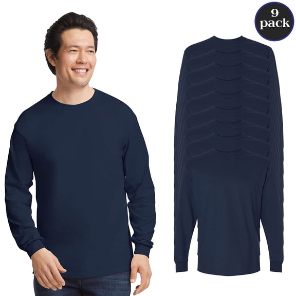 Gildan Men's Ultra Cotton Long Sleeve T-Shirt, Soft Durable Crew Neck Casual Tee, Navy, 9-Pack, S