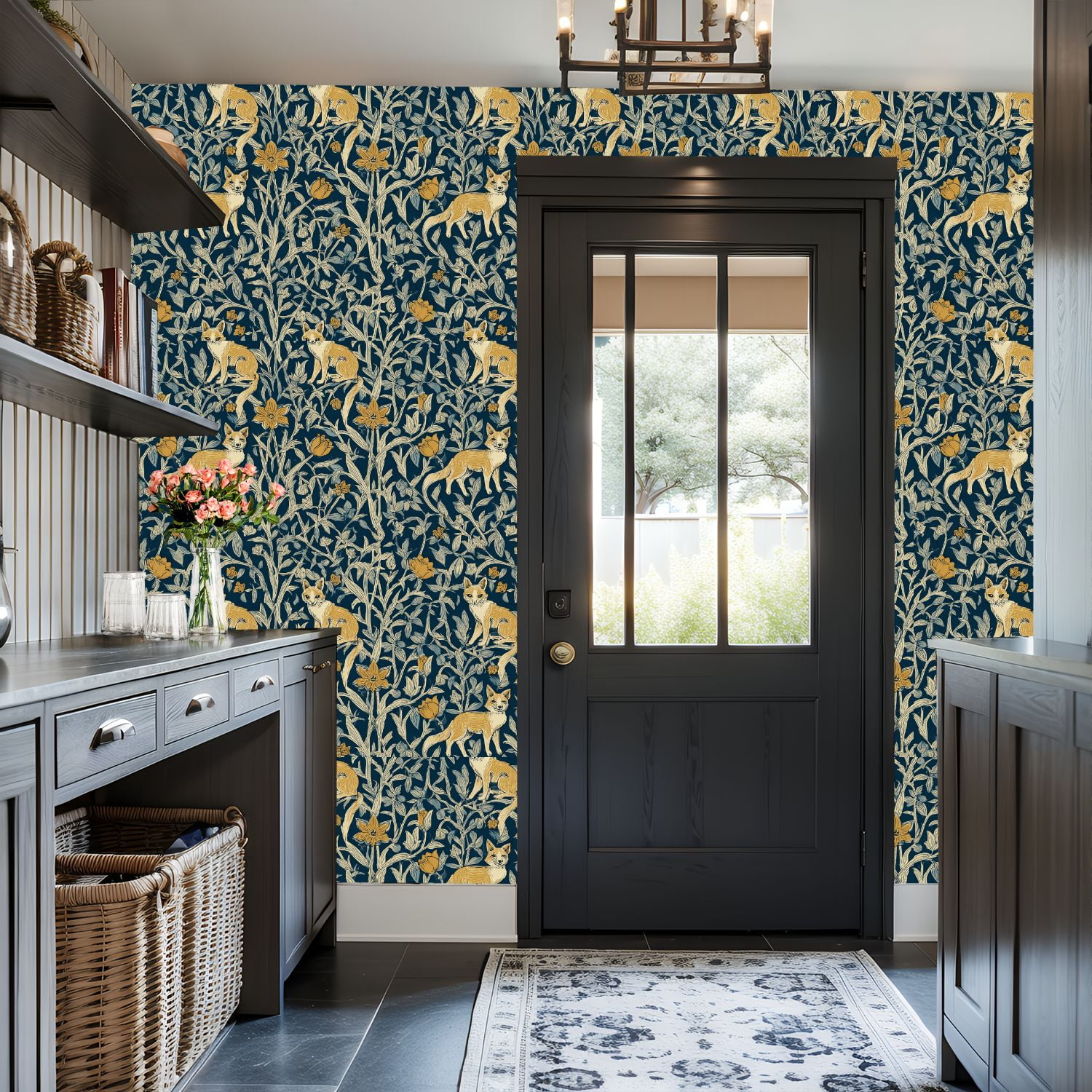 Hunt Peel and Stick Wallpaper 17.7in x 9.8ft Foxes Yellow Flowers Botanical Dark Blue Contact Paper Vinyl Waterproof Self Adhesive Wall Paper for Bedroom Shelf Cabinet Renter Friendly