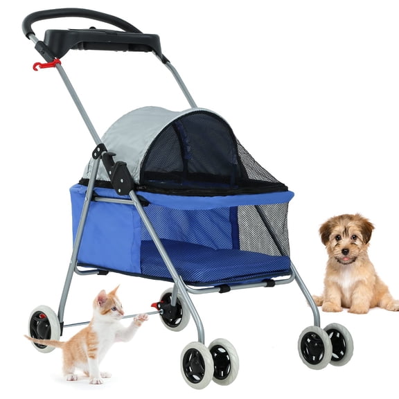 BORGEBY Pet Stroller 4 Wheels Folding Waterproof Portable Travel Cat Dog Stroller with Cup Holder,Blue
