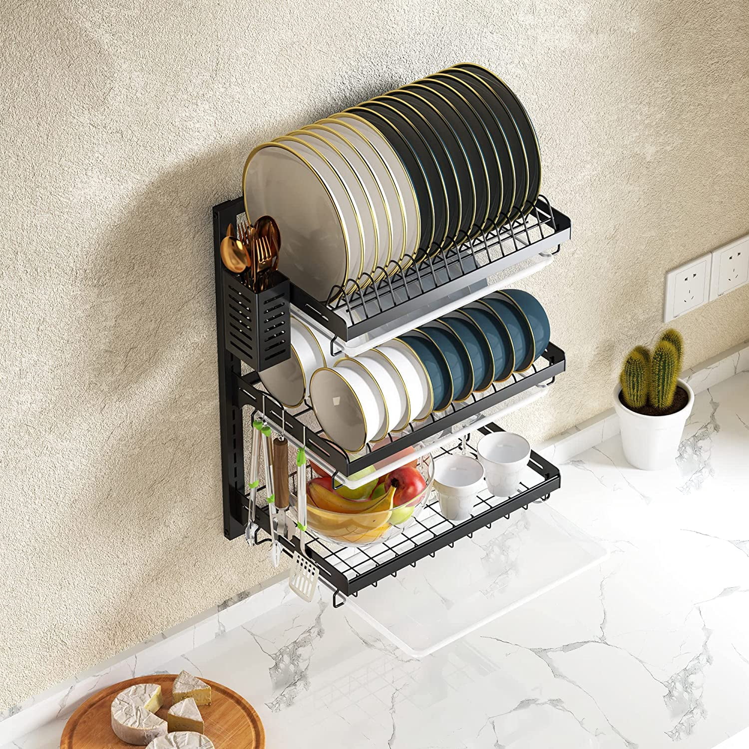 Wall Mounted Dish Drying Rack, 3 Tier Stainless Steel Hanging Drainer with Cutlery Holder and Hooks for Kitchen