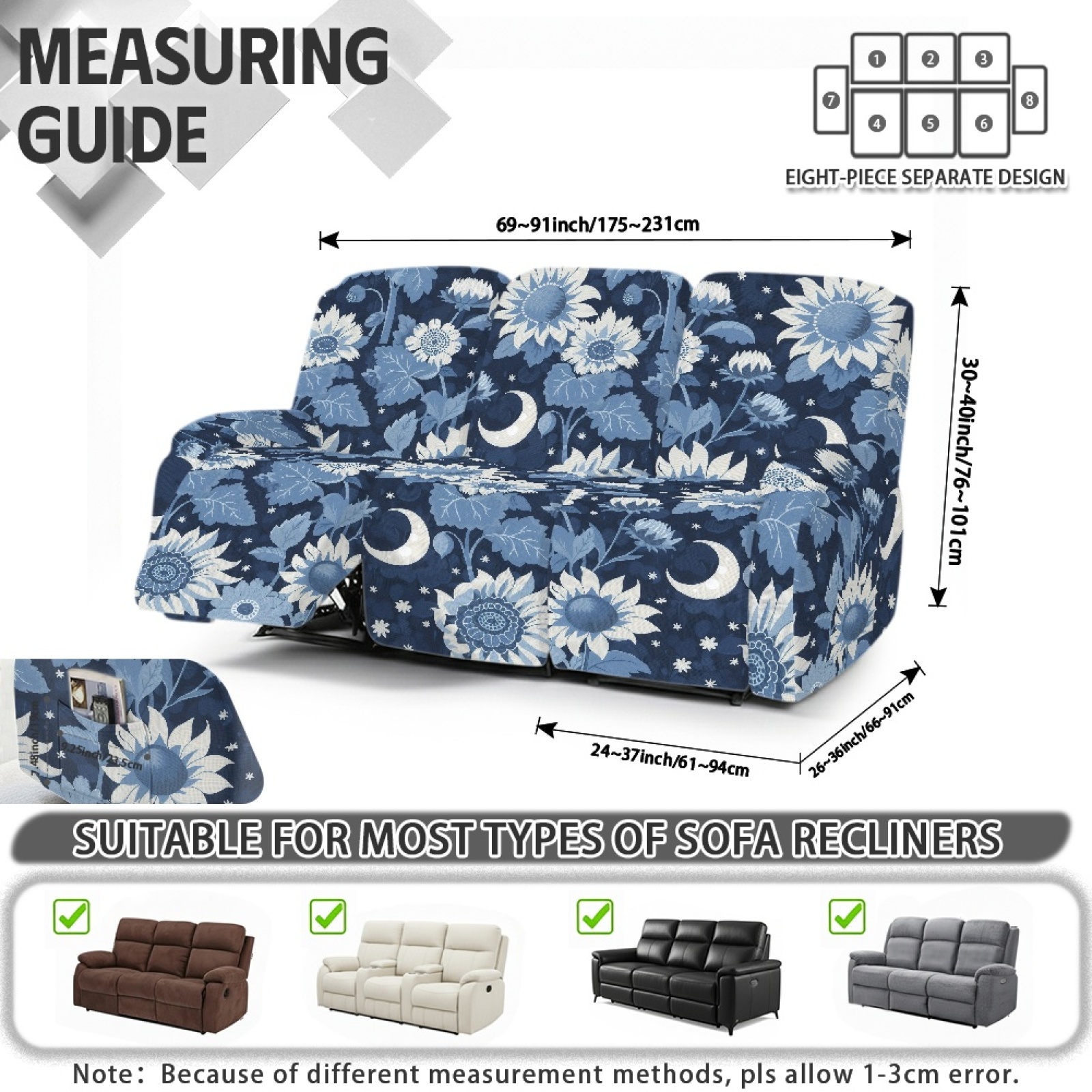 COEQINE Cover for Recliner Chair Stretch Reclining Sofa Cover 8 Pieces Recliner Cover for 3 Cushion Reclining Sofa Stay in Place Furniture Protector, Blue Floral Moon