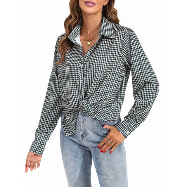 Camisas de Mujer con Botones, Casuales, de Larga, A Cuadros, con Estampados, Blusas Holgadas con Cuello A . Verde S