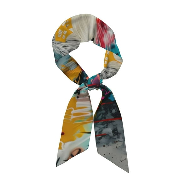 Easygdp Colorful Graffiti Cow Neck Scarf Printed Scarves Head for Women'S Fashion Satin Scarfs For Bag Hair for Dating, Travel