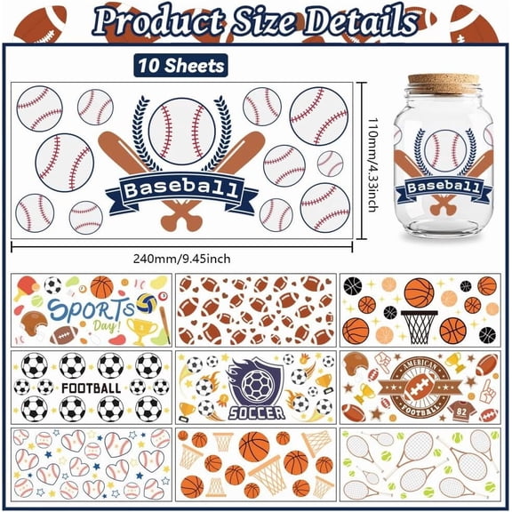 UV DTF Cup Transfer Wraps Stickers Various of Sport Balls 10 Sheets Waterproof Custom Vinyl 16oz Coffee Glass Cup Tumbler Bottle Mug Decals for Men Women