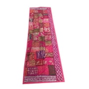 Mogul Vintage Spanish Table Runner Pink Zari Sequin Embroidery Patchwork Table Tapestry 90 inch