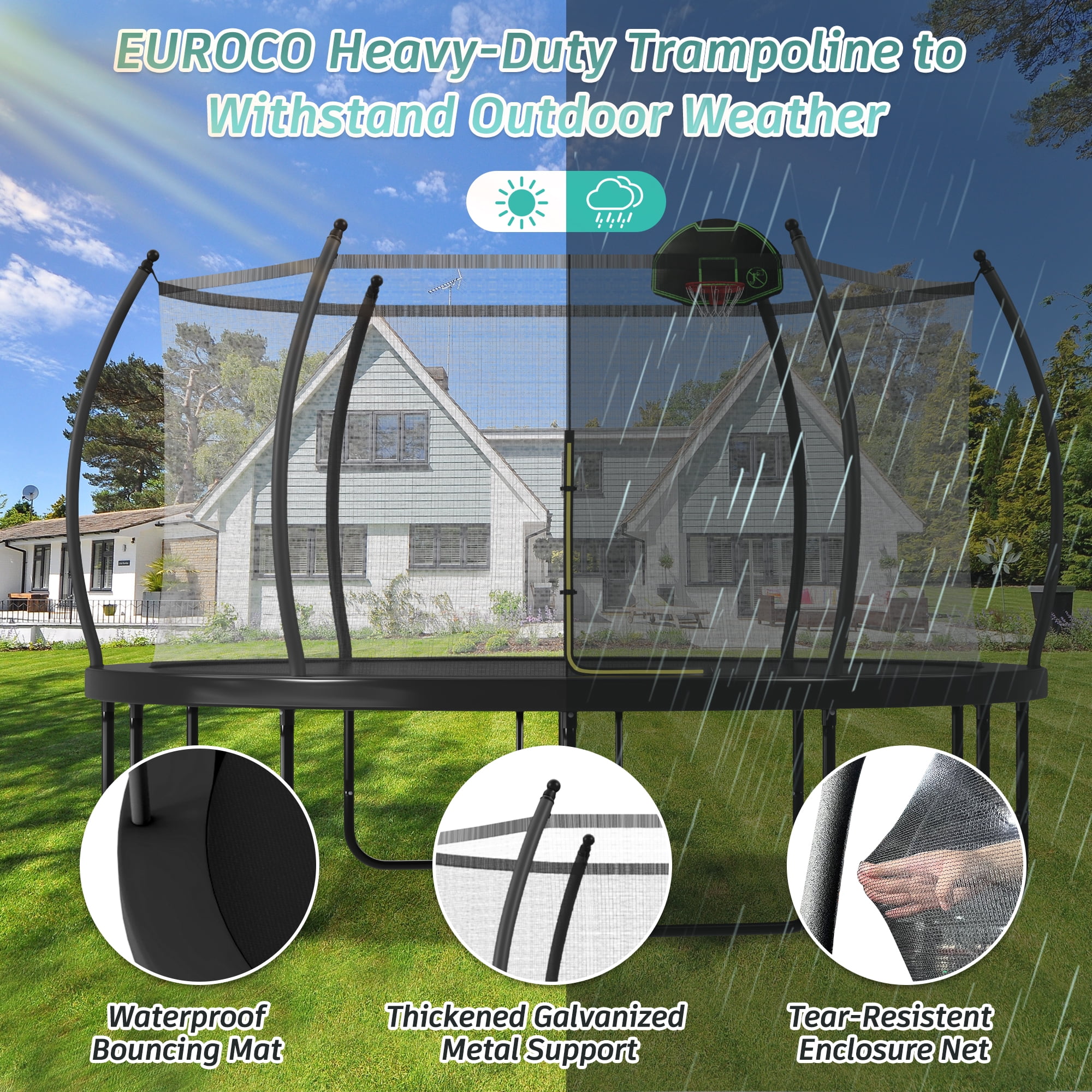 Euroco 16FT Trampoline with Basketball Hoop, Outdoor Trampoline with Enclosure Net for Kids and Adults