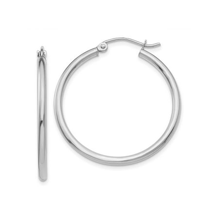 14k White Gold Rectangular Hollow Round Hoop Earrings 35mm