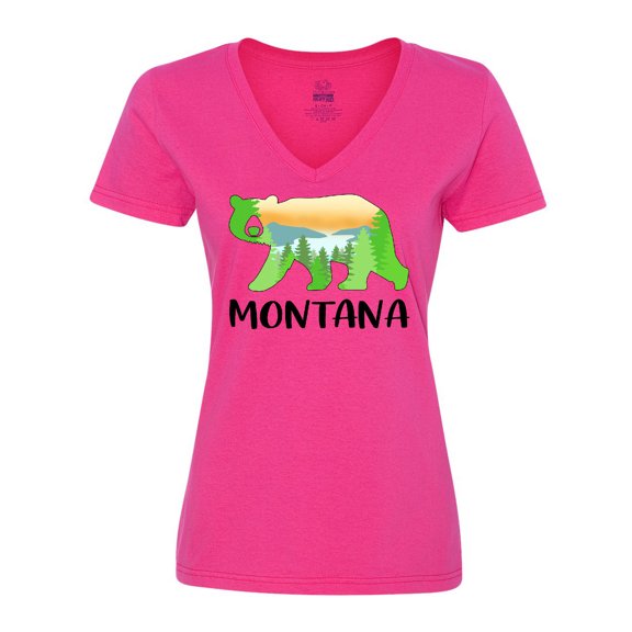 Inktastic Montana Lake and Trees in Bear Silhouette Women's V-Neck T-Shirt