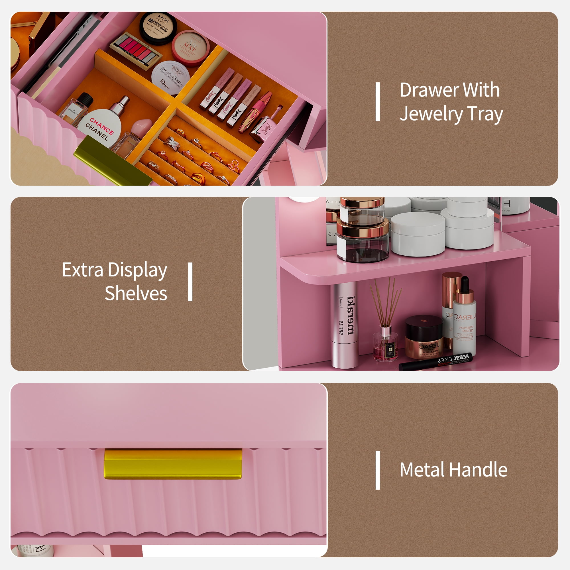 VKCC Retro Corner Vanity Desk Table with Ultra-Wide LED Mirror, Charging Station, Storage Drawers & Shelves, Pink