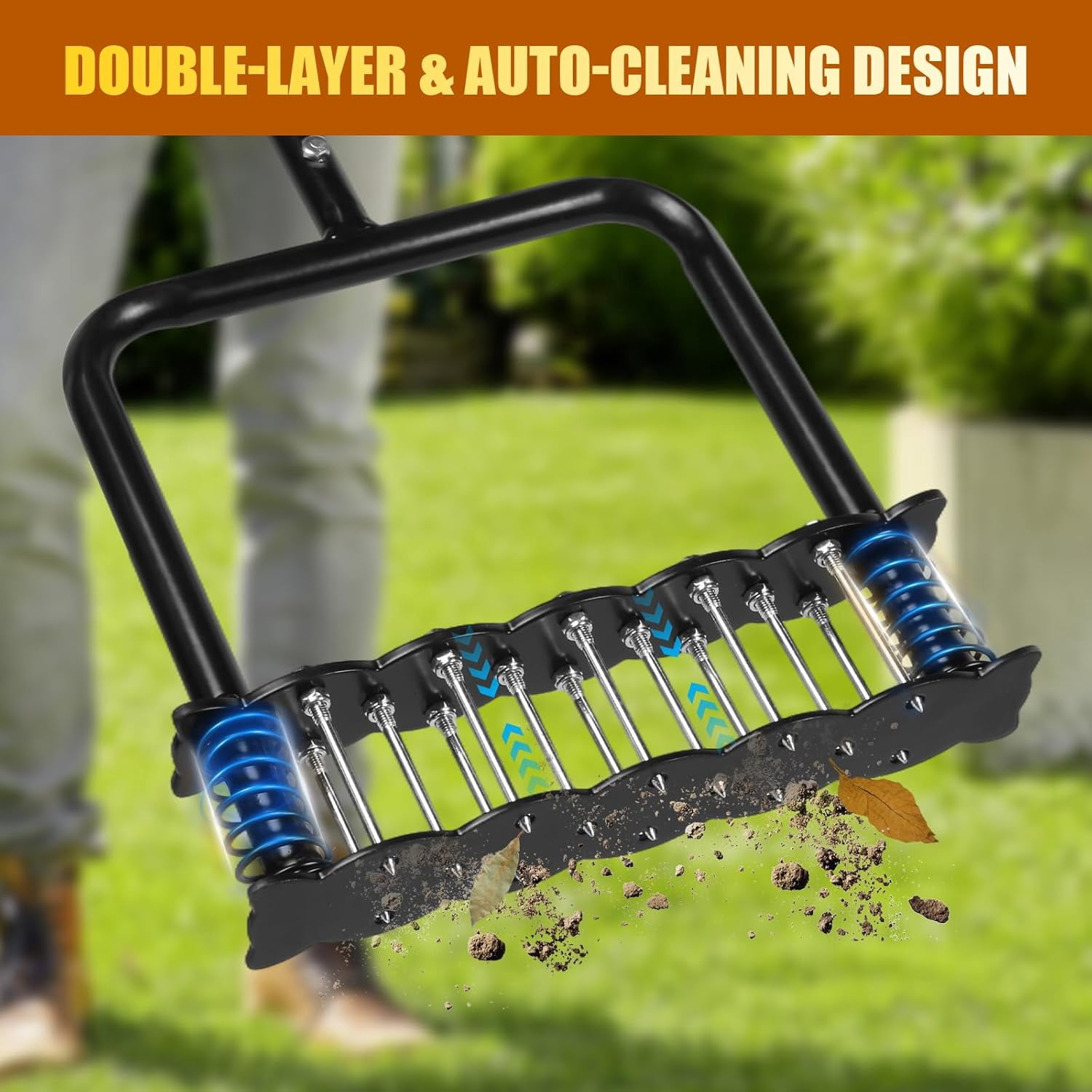 Lawn Aerator Tool with 14 Metal Spikes – Manual Yard Spring Base & Auto Leaf Cleaning for Soil Aeration, Care, Grass Health Heavy Duty Garden, Backyard, Patio
