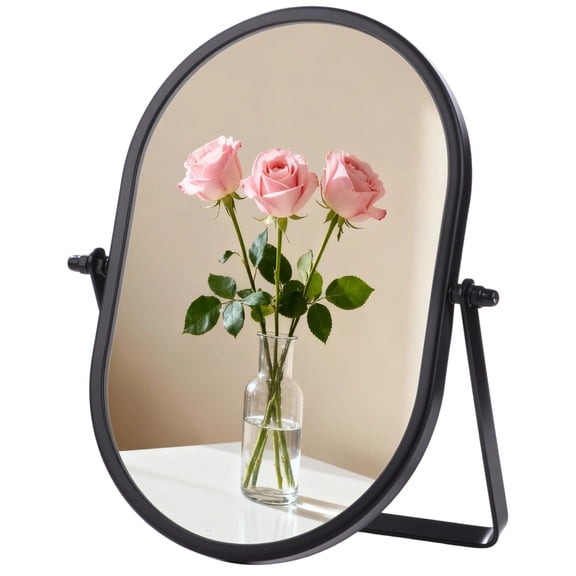 Oval Desktop Mirror, 8.9 x 6.1 in Small Black Metal Frame Vanity Mirror Portable, 360° Rotation, Folding Design for Bedroom, Travel, Makeup, Dressing Room, Bathroom, Tabletop