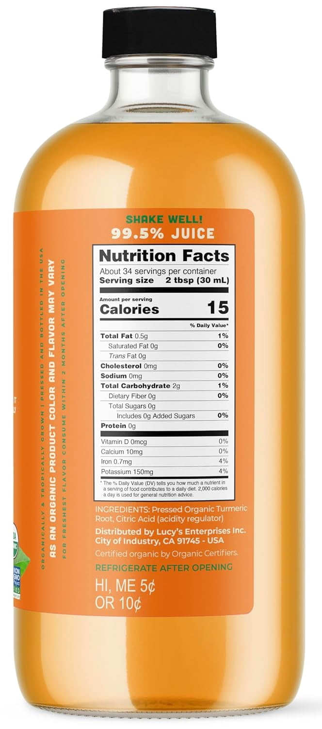 Lucy’s Fiji Turmeric Organic Non-GMO 99% Pure Turmeric Juice - 34 oz Glass Bottle (Made from Fresh Pressed)