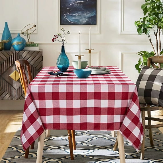 Haperlare Buffalo Plaid Square Tablecloth 55" x 55" Farmhouse Yarn Dyed Textured Wrinkle Free Table Covers for Outdoor Picnic Kitchen, White Red