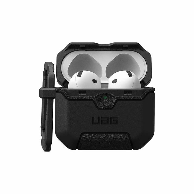 Urban Armor Gear UAG Scout Rugged Case Black for AirPods 4 open with white AirPods inside, featuring military drop-tested black TPU construction, textured tactical grip bumpers, detachable carabiner clip, and precise cutouts for charging and pairing buttons, compatible with wireless and magnetic chargers, ideal for protecting AirPods during daily use and travel.