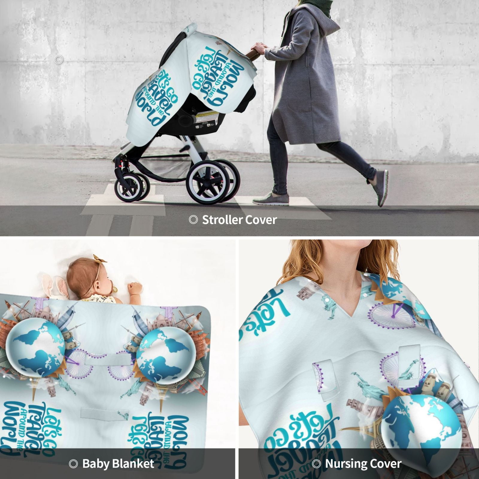 Car Seat Cover Baby - Let's go Travel Around the World Breathable Infant Car Seat Cover for Baby Carseat, Lightweight Comfort Baby Essentials Must Haves Newborn Stuff for Girl Boy