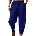 thumbnail image 1 of MAWCLOS Mens Trousers Elastic Waist Linen Pants Solid Color Summer Pant Fitted Jogger Drawstring Bottoms Navy Blue 2XL, 1 of 2
