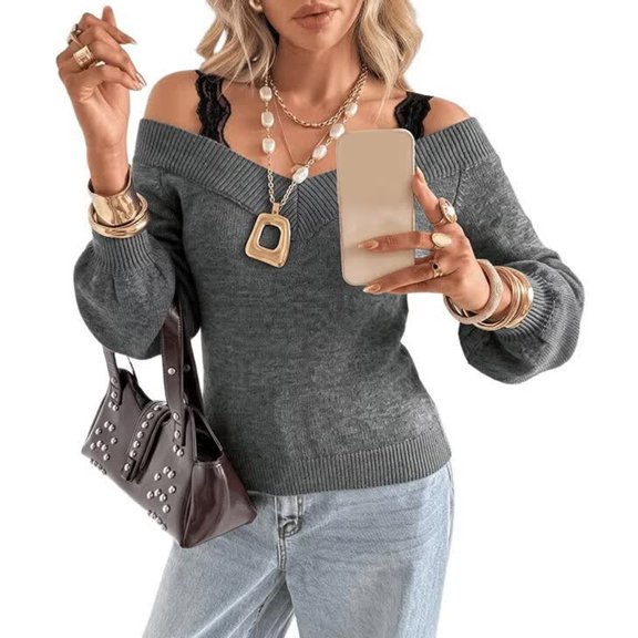 Women Off Shoulder V Neck Puff Long Sleeve Slim Fit Knit Sweater Top Dark Gray M