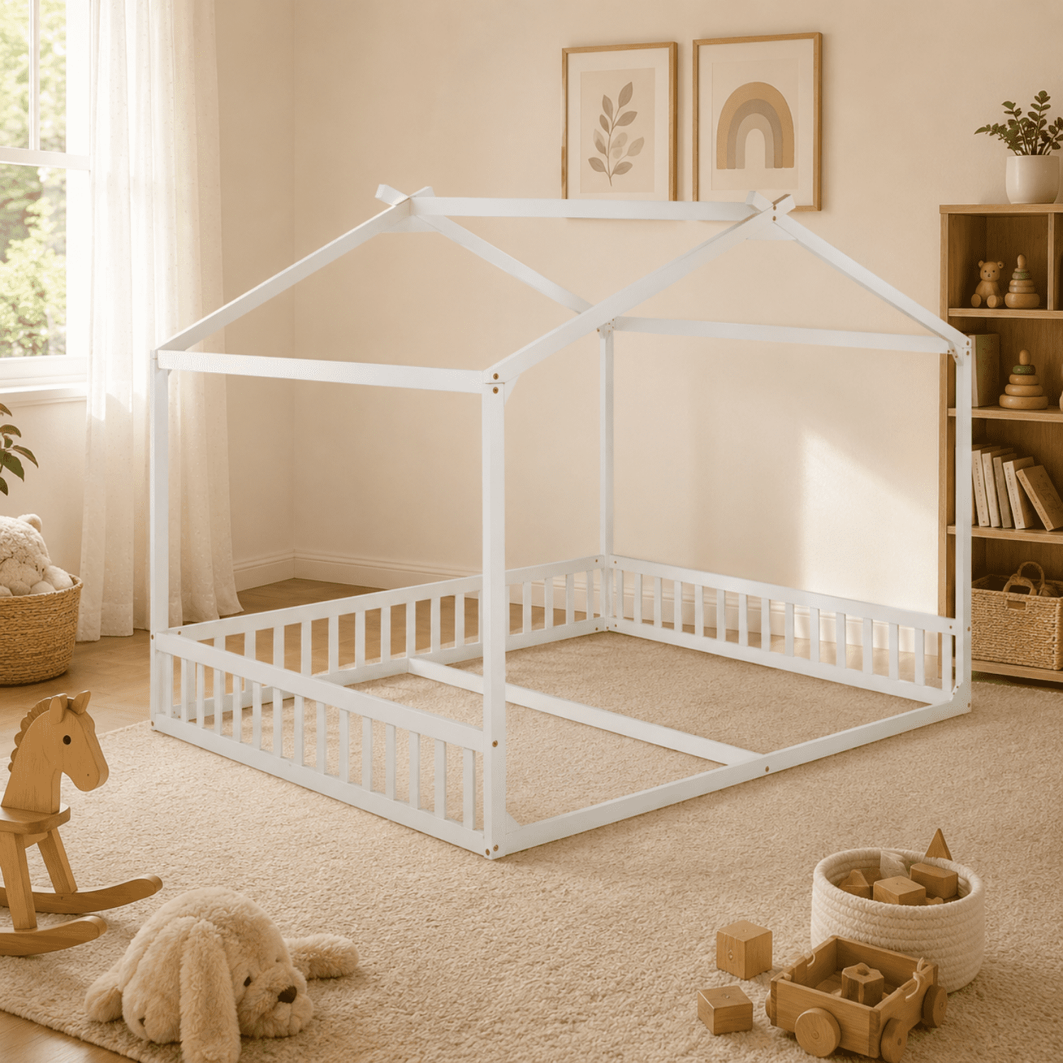 Miniyam Double Twin Floor Bed for Kids, House Bed with Guardrails and Open Entrance, White