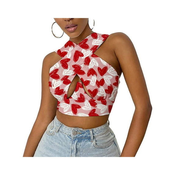 KOMOO Women Sleeveless Crop Tops Printed Halter Neck Backless Short Tops Close-fit Vest Plus Size