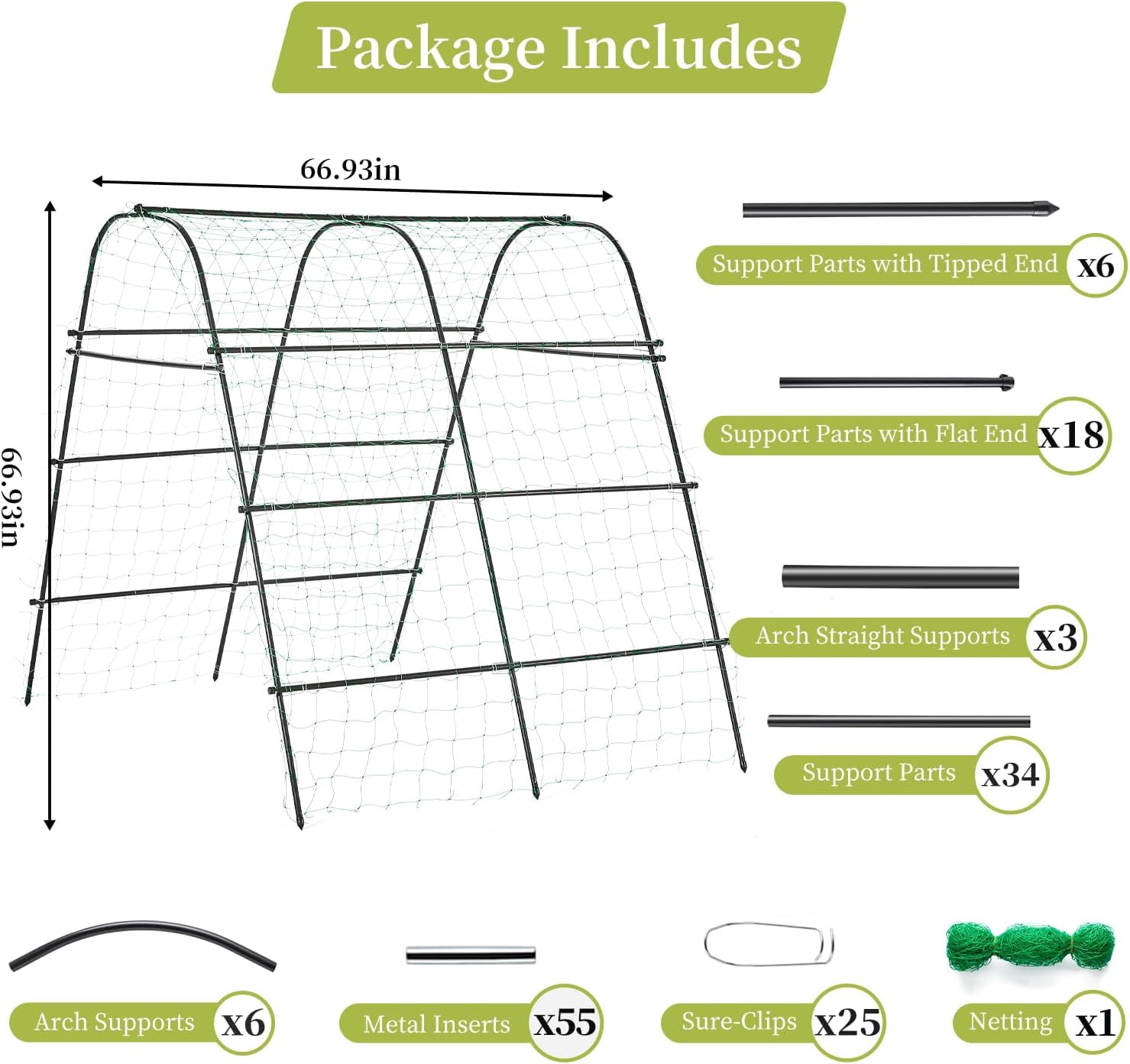 Cucumber Trellis for Raised Bed 67" x 67" U-Frame Garden Arch Tunnel with Netting Vegetable Fruit Flower Lightweight Metal Plant Support for Climbing Plants Outdoor,Black