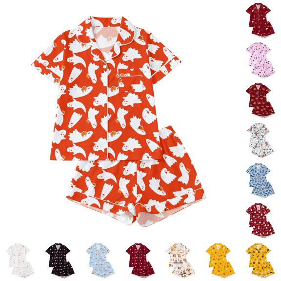 CUZIBR Womens Pajama Sets Halloween Pumpkin Ghost Bat Spider Web Print Lapel Collar Short Sleeve Shirt Shorts 2 Pieces Sleepwear Loungewear,27-Orange