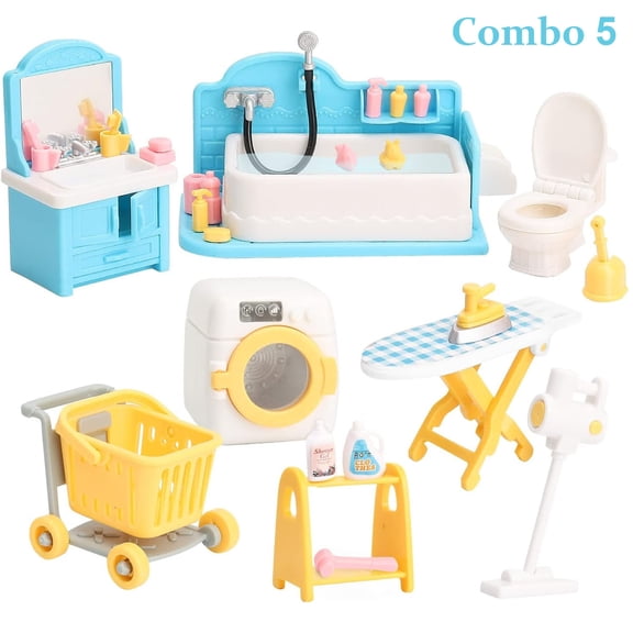1:12 Scale Dollhouse Furniture Set - Miniature Bathroom, Living Room,Bed Room , Kitchen & Outdoor Accessories for Pretend Play | Educational Kids Toy Gift,Combo 5