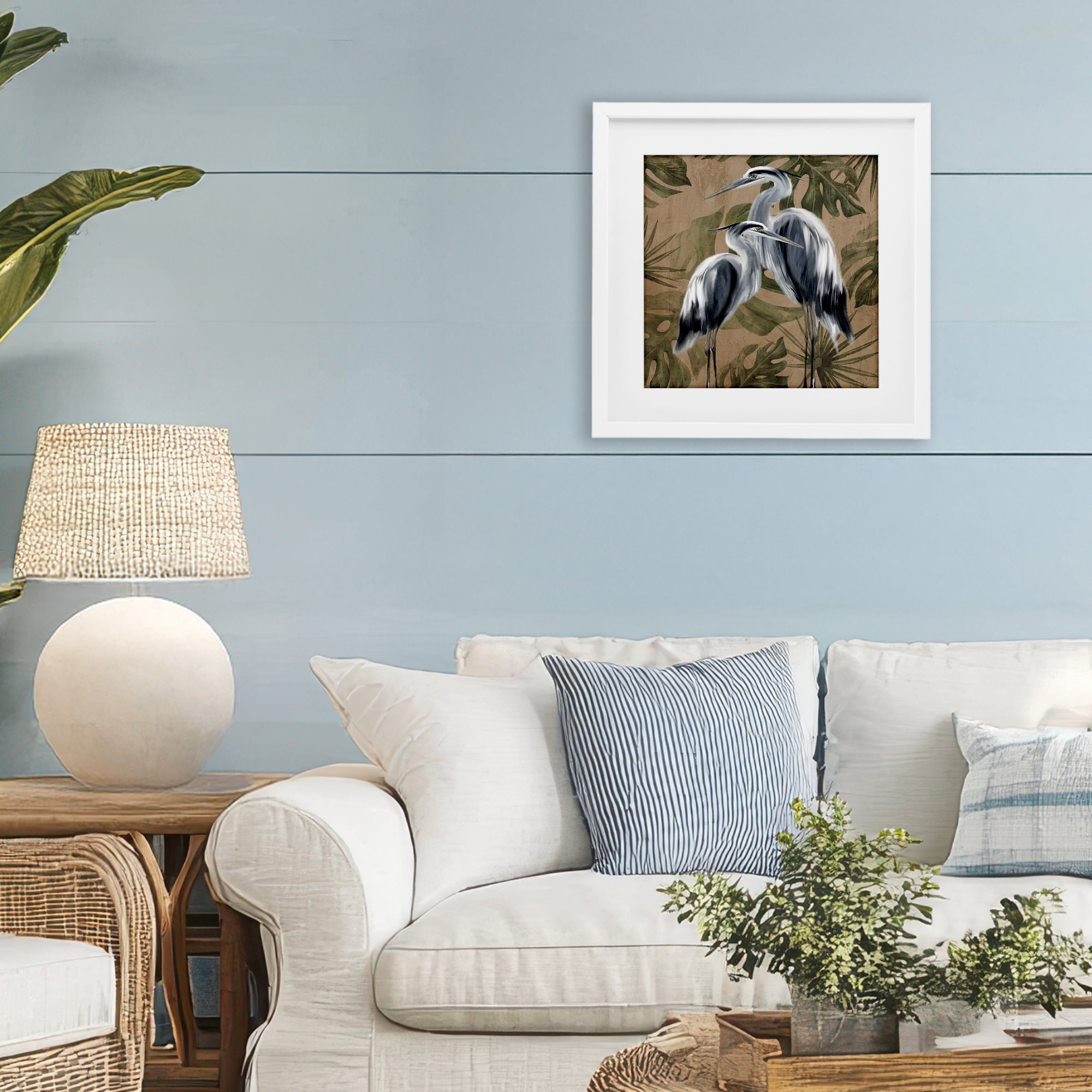 Stupell Industries Two Herons over Tropical Leaves White Framed Print Under Glass, design by Kim Allen