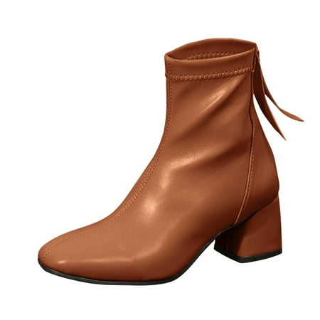 

Ladies Solid Color Leather Back Zipper Thick High Heel Fashion Short Boots