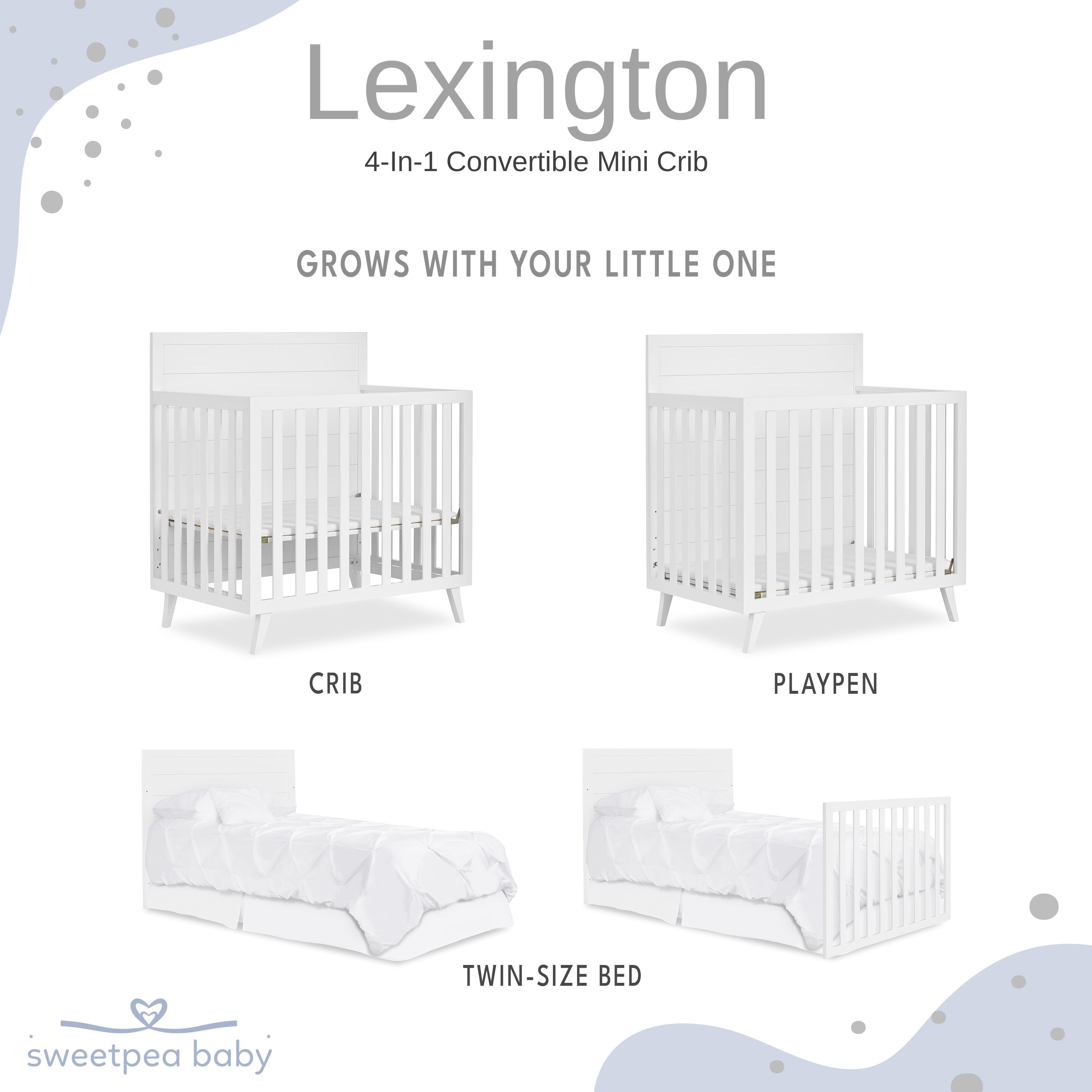 Dream On Me Lexington 4 in 1 Baby Convertible Mini Crib, Sustainable New Zealand Pinewood, White