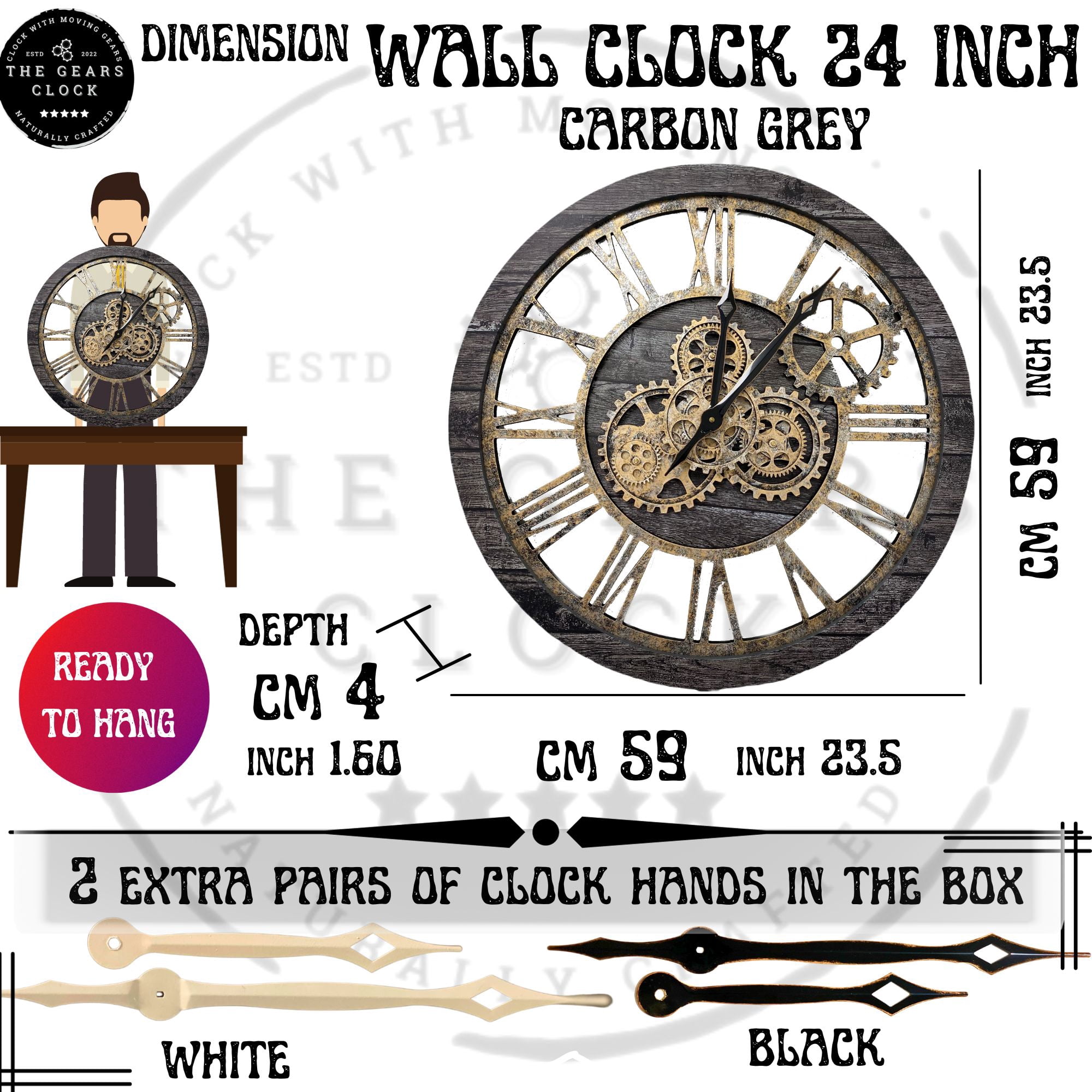 THE GEARS CLOCK Wall Clock with Real Moving Gears AM-LI_ 24 in Round Carbon-Grey