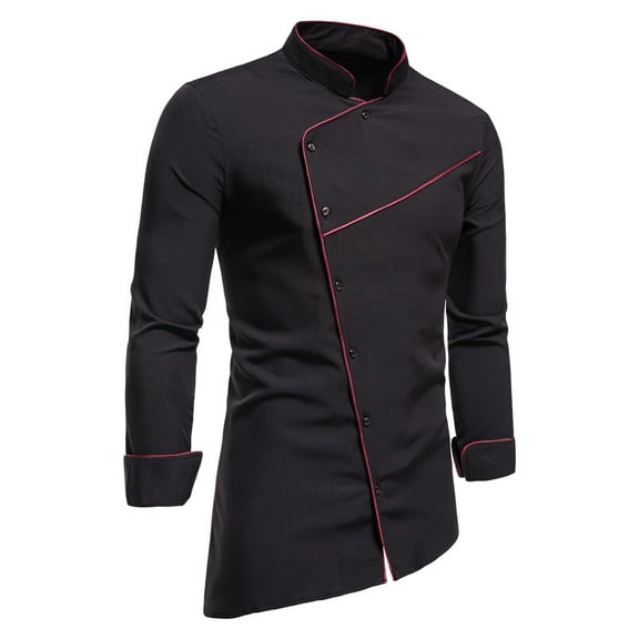 TAIAOJING Mens Long Sleeve Shirts Retro Mid-Length Top Stand-Up Collar Color Block Top Long-Sleeved Button Retro Blouse